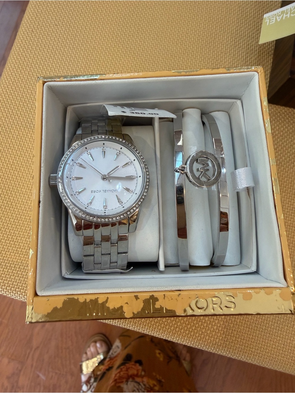 Michael Kors Silver Tone Crystal-Accent Women’s Watch and Bangle Set
